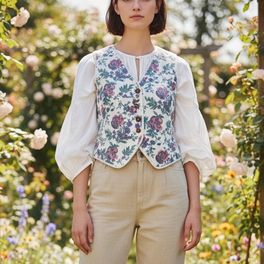 GAP Vintage Cottagecore Floral Button Vest Cropped Cream Made in USA XXS a35